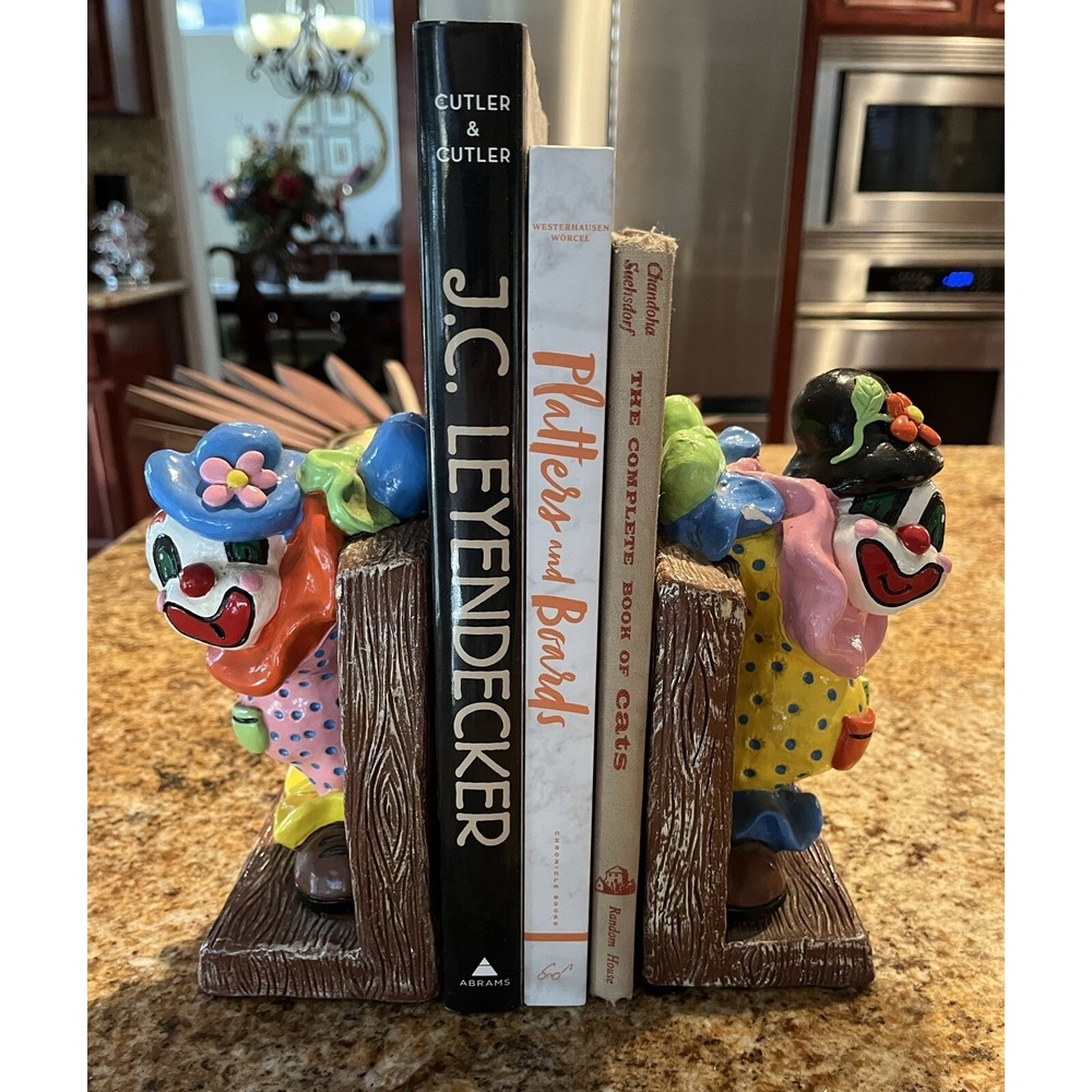 Vintage Ceramic Weird Clown Bookend Set Hand-painted Signed  Vibrant Kitsch Fun